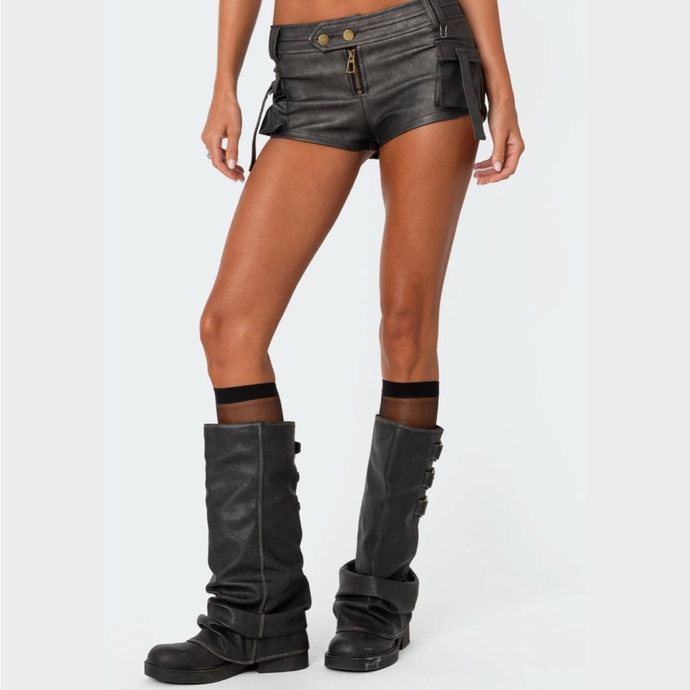 Edikted Washed Faux Leather Micro Cargo Short Black